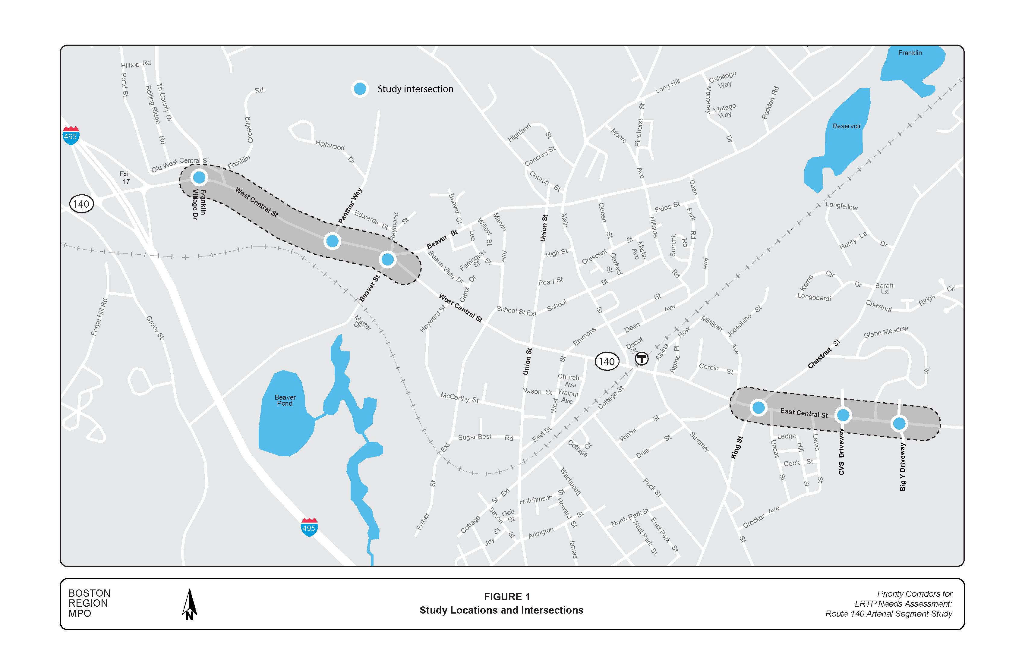 FIGURE 1: Study Locations and Intersections. Computer-drawn map showing locations of the study area, intersections, and nearby streets.